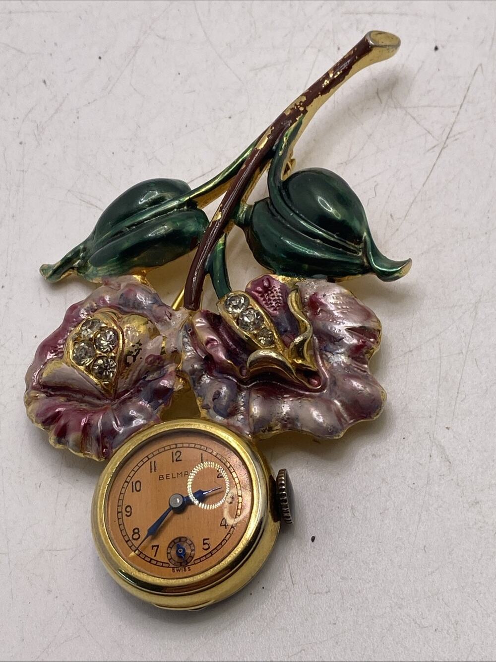 Vintage Belmar Brooch Mechanical Watch Floral Works Running